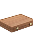Closed Premium mahjong tile set with walnut replica case viewed from angled perspective showcasing case exterior