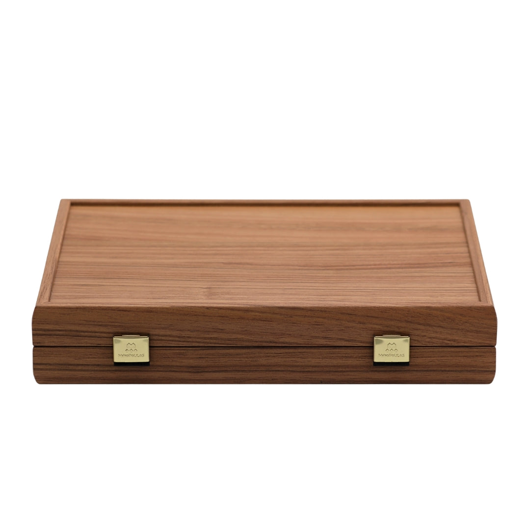 Closed Premium mahjong tile set with walnut replica case viewed from front perspective showcasing case exterior