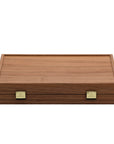 Closed Premium mahjong tile set with walnut replica case viewed from front perspective showcasing case exterior