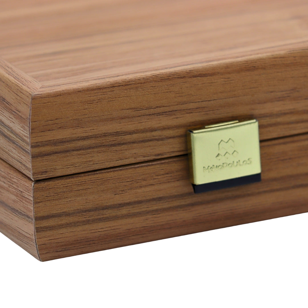 CMahjong tile set stored inside elegant walnut wooden case with close-up of secure closure