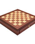 Diagonal top view of maple mahogany chess board with drawers 45mm squares