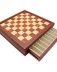 Maple mahogany chess board with drawers 45mm squares with one drawer open showing compartments for piece storage