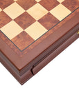 Close-up top view of maple mahogany chess board with drawers 45mm squares showing playing surface