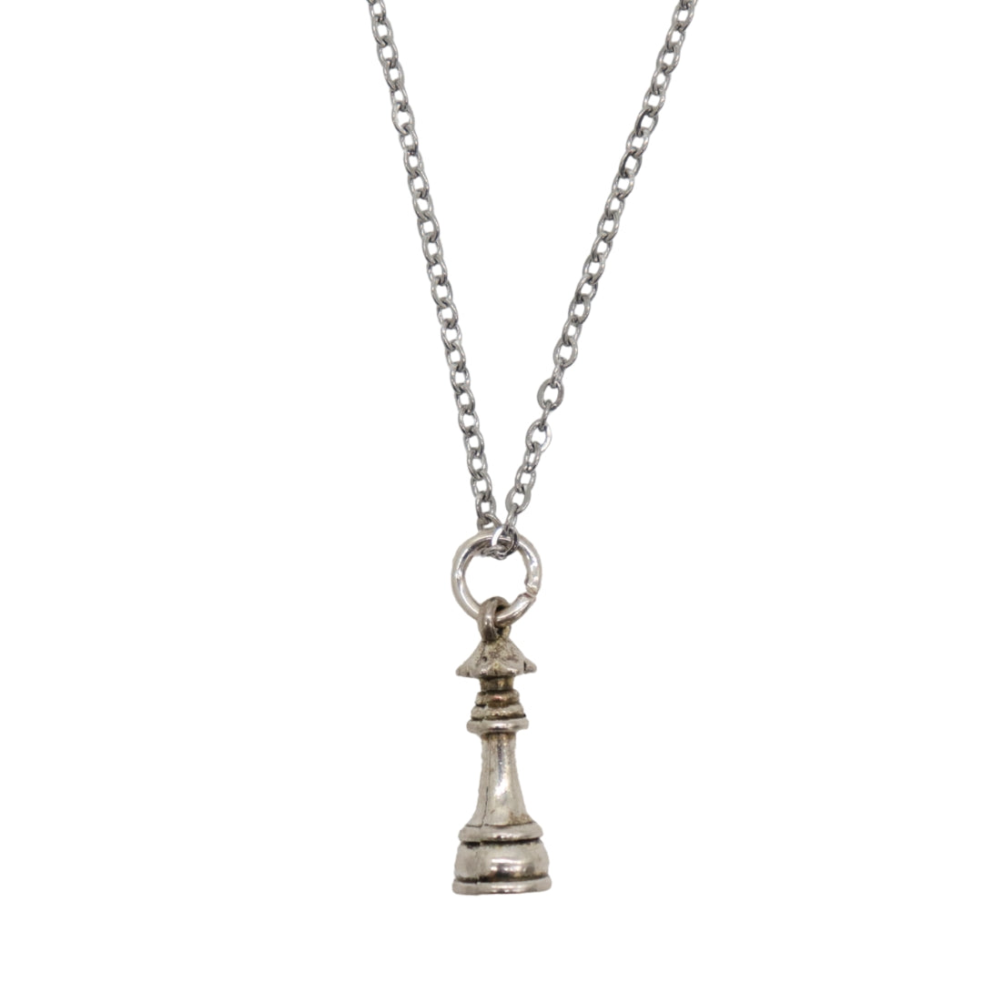 Silver pendant necklace with a Queen chess piece charm.