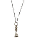 Silver pendant necklace with a Queen chess piece charm.
