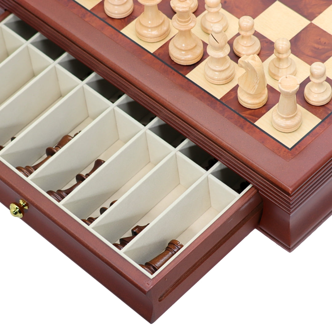 POLISH KNIGHT Chess Set with Maple Mahogany Board with Drawers | 45mm Squares