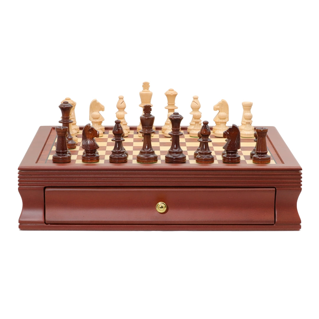 POLISH KNIGHT Chess Set with Maple Mahogany Board with Drawers | 45mm Squares