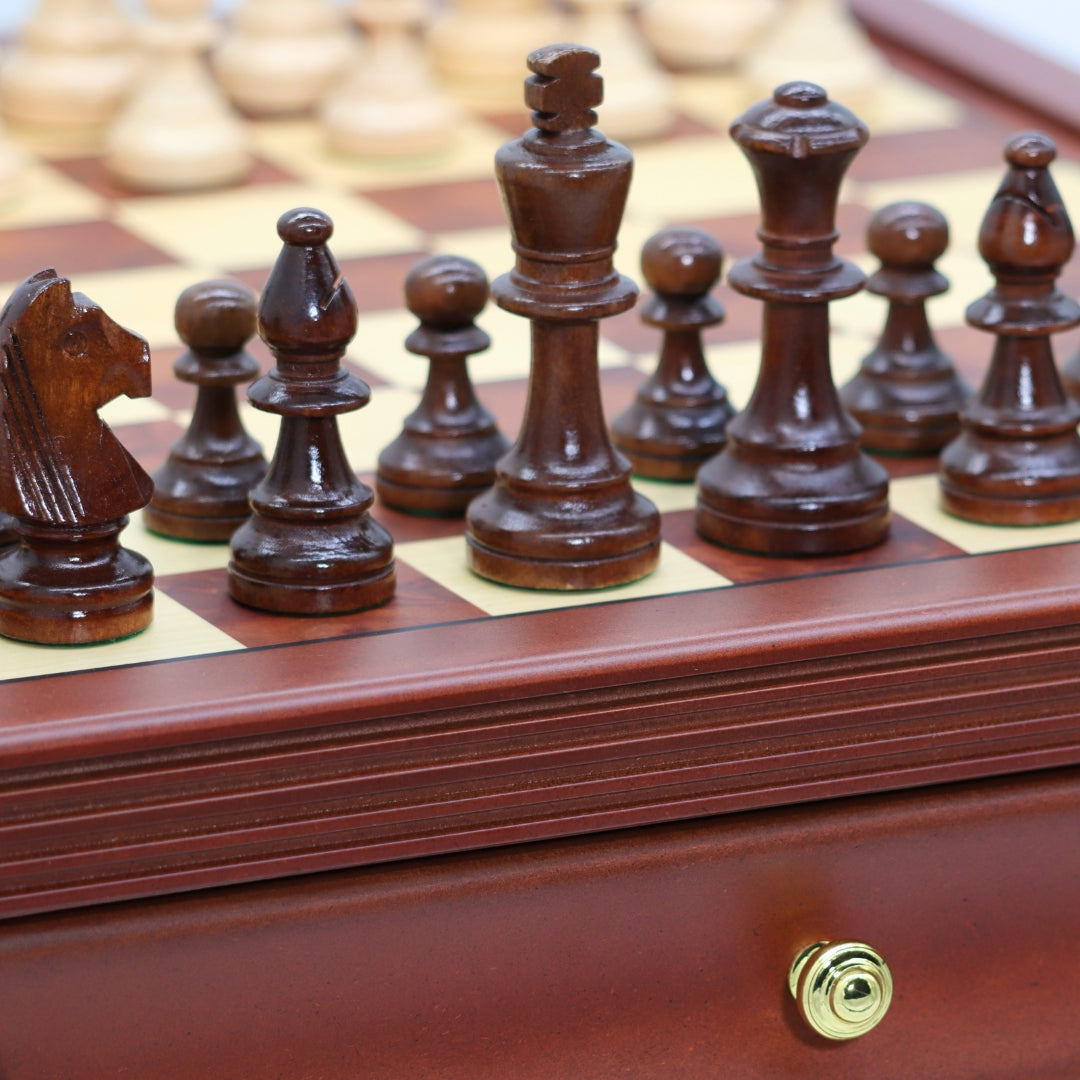 POLISH KNIGHT Chess Set with Maple Mahogany Board with Drawers | 45mm Squares