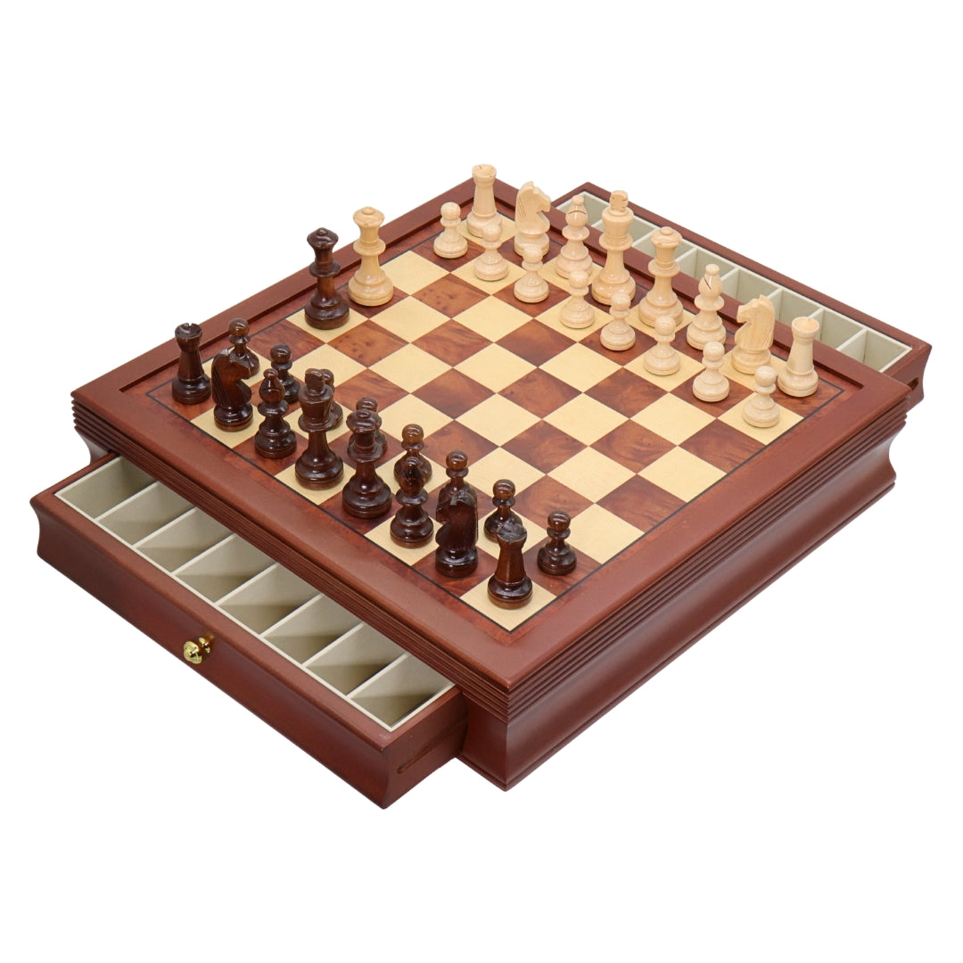 POLISH KNIGHT Chess Set with Maple Mahogany Board with Drawers | 45mm Squares