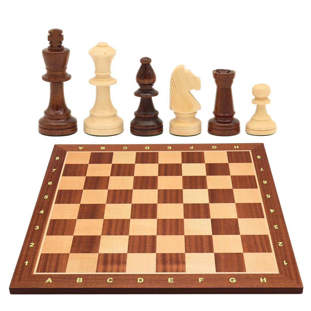 TIMELESS (Polish knight) | Chinese Cherry Pieces, 90mm King | Mahogany &amp; Maple chess board | 55mm Squares