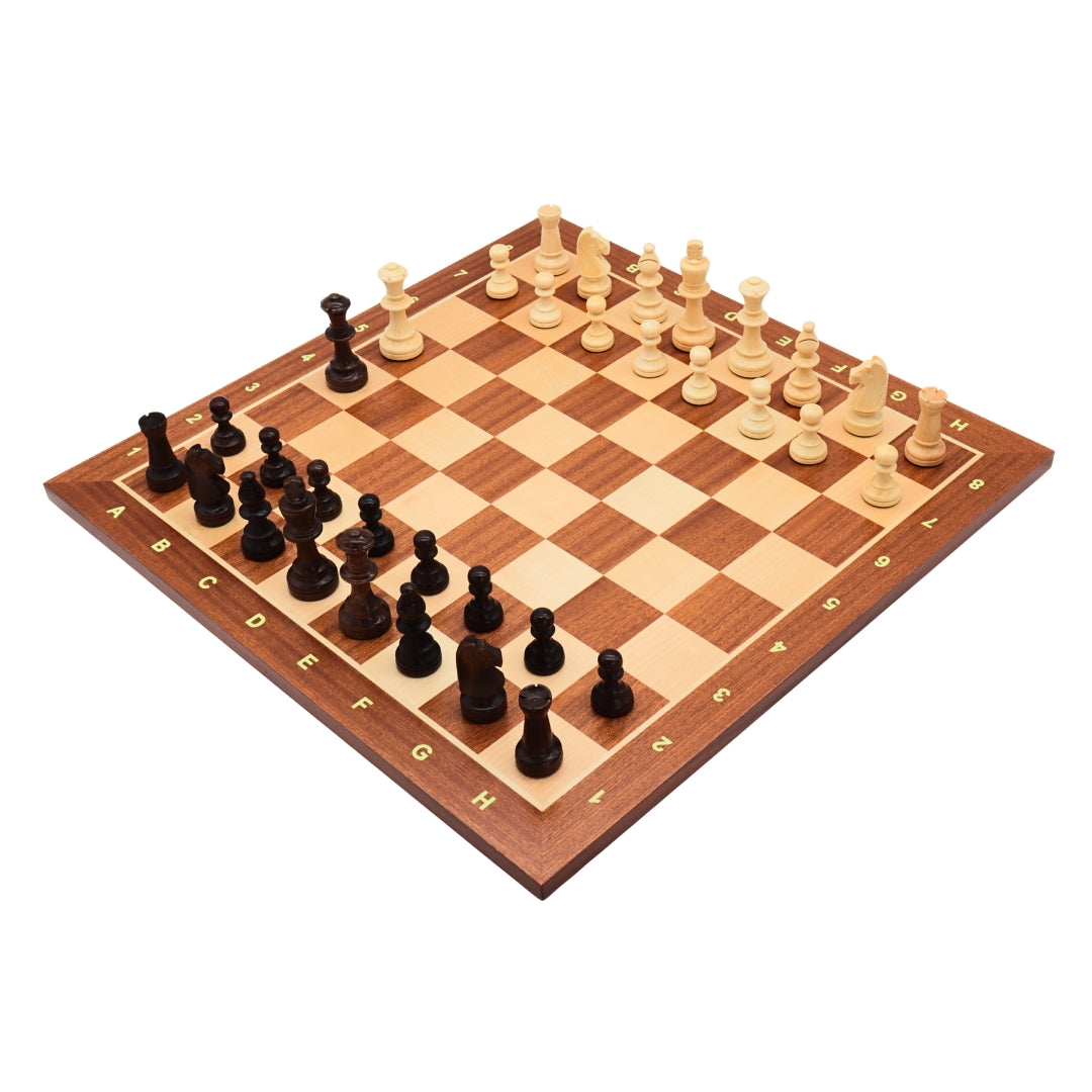 TIMELESS (Polish knight) | Chinese Cherry Pieces, 90mm King | Mahogany &amp; Maple chess board | 55mm Squares