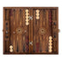 Open rosewood backgammon set featuring mother-of-pearl inlay, geometric wood mosaic inlay and integrated disc/checker storage compartments