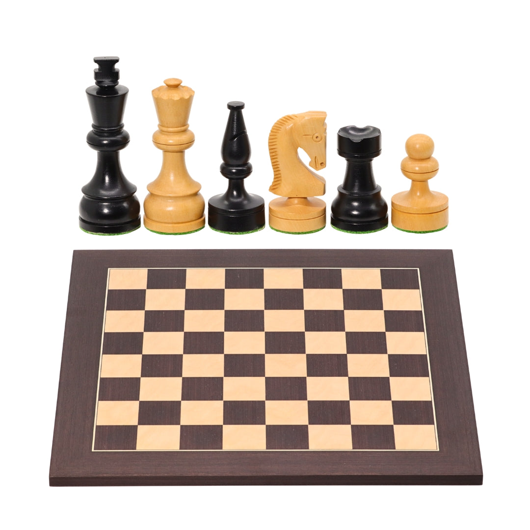 RUSSIAN KNIGHT Ebonised Pieces, 85 mm King | Wenge &amp; Maple Board, 45 mm Squares