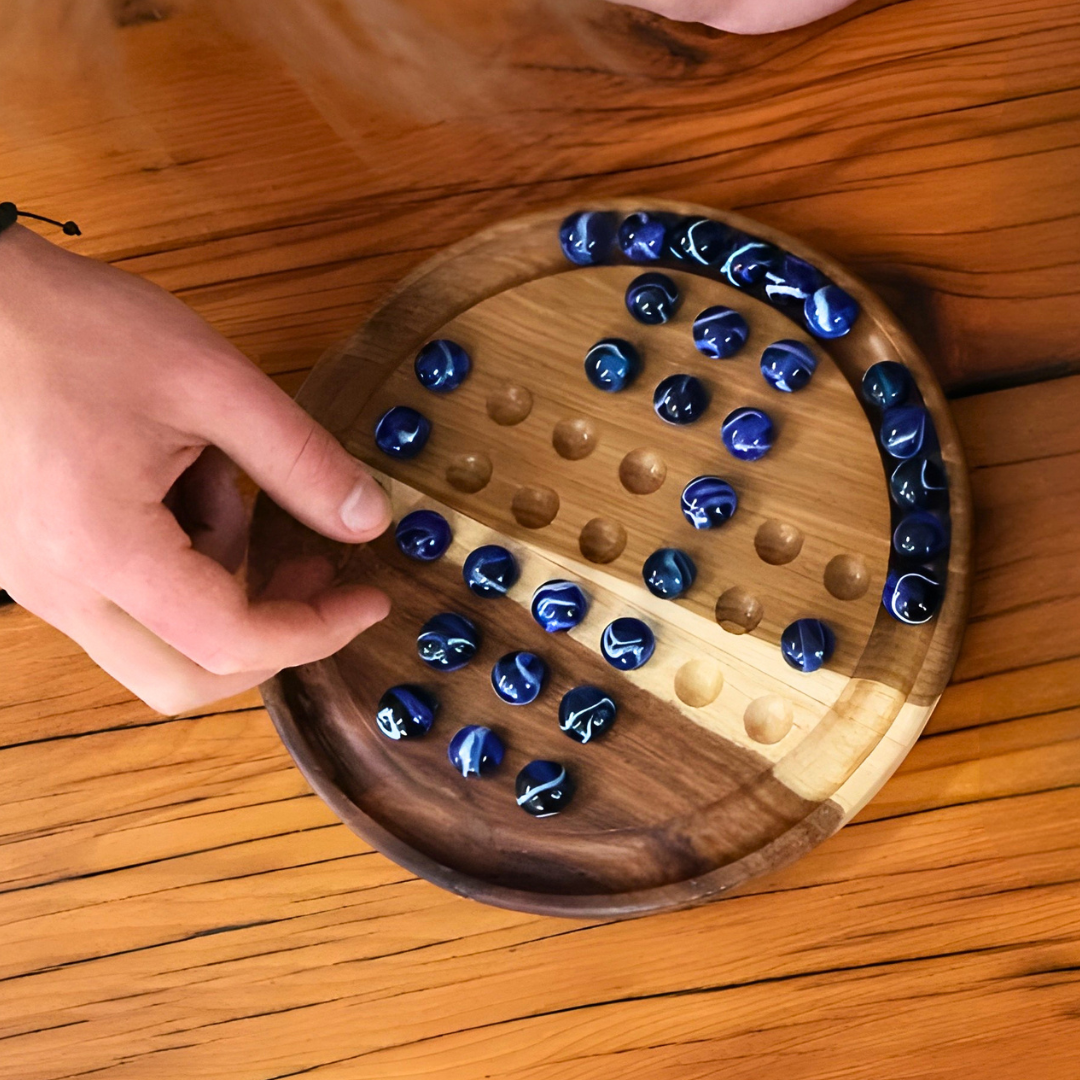 Solid Black Wood Solitaire Game | Glass Marbles