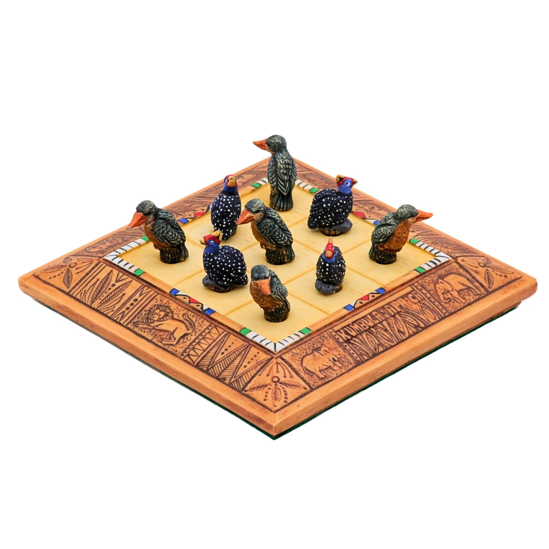 African Bird Noughts &amp; Crosses resin game set with hand-painted birds Kingfisher &amp; Guineafowl combination