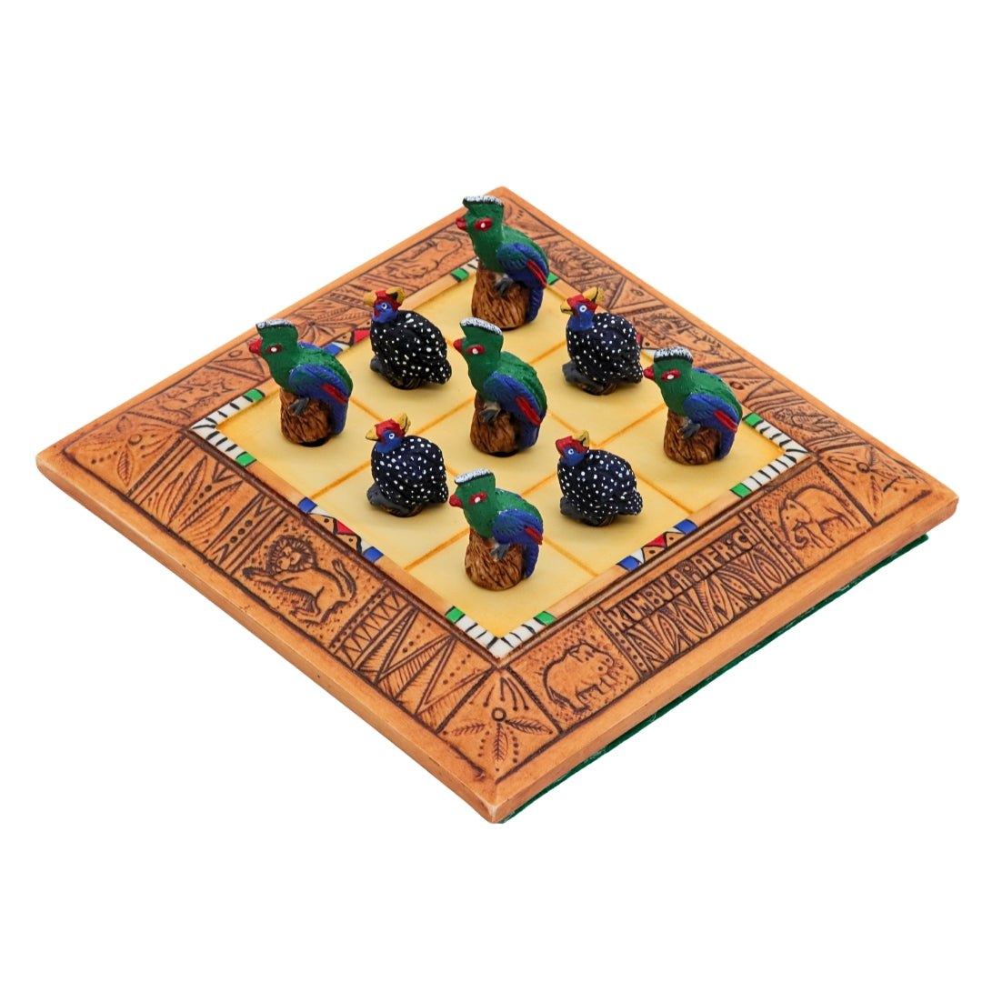 African Bird Noughts &amp; Crosses resin game set with hand-painted birds Loerie &amp; Guineafowl combination