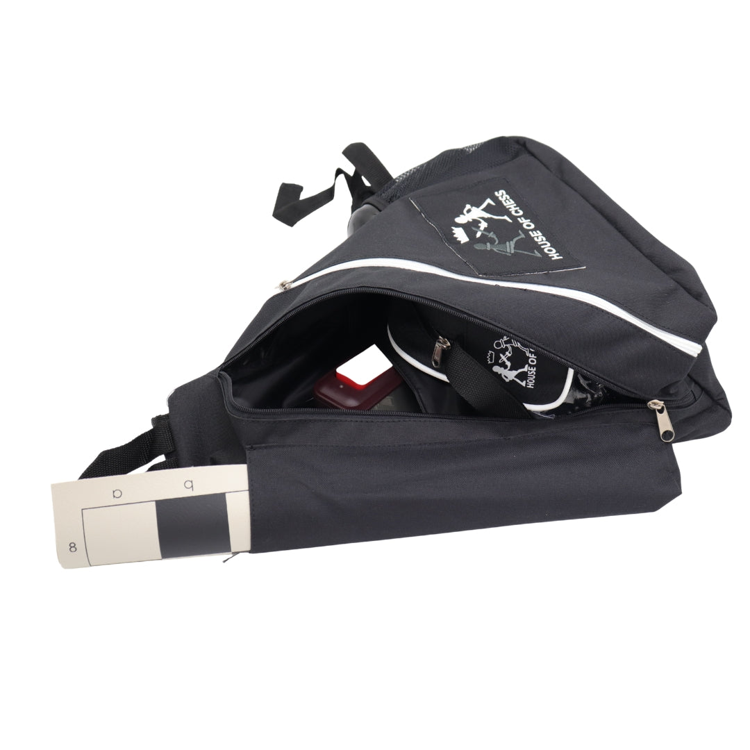 Tournament Chess Bag in black canvas, perfect for carrying chess gear securely and conveniently.