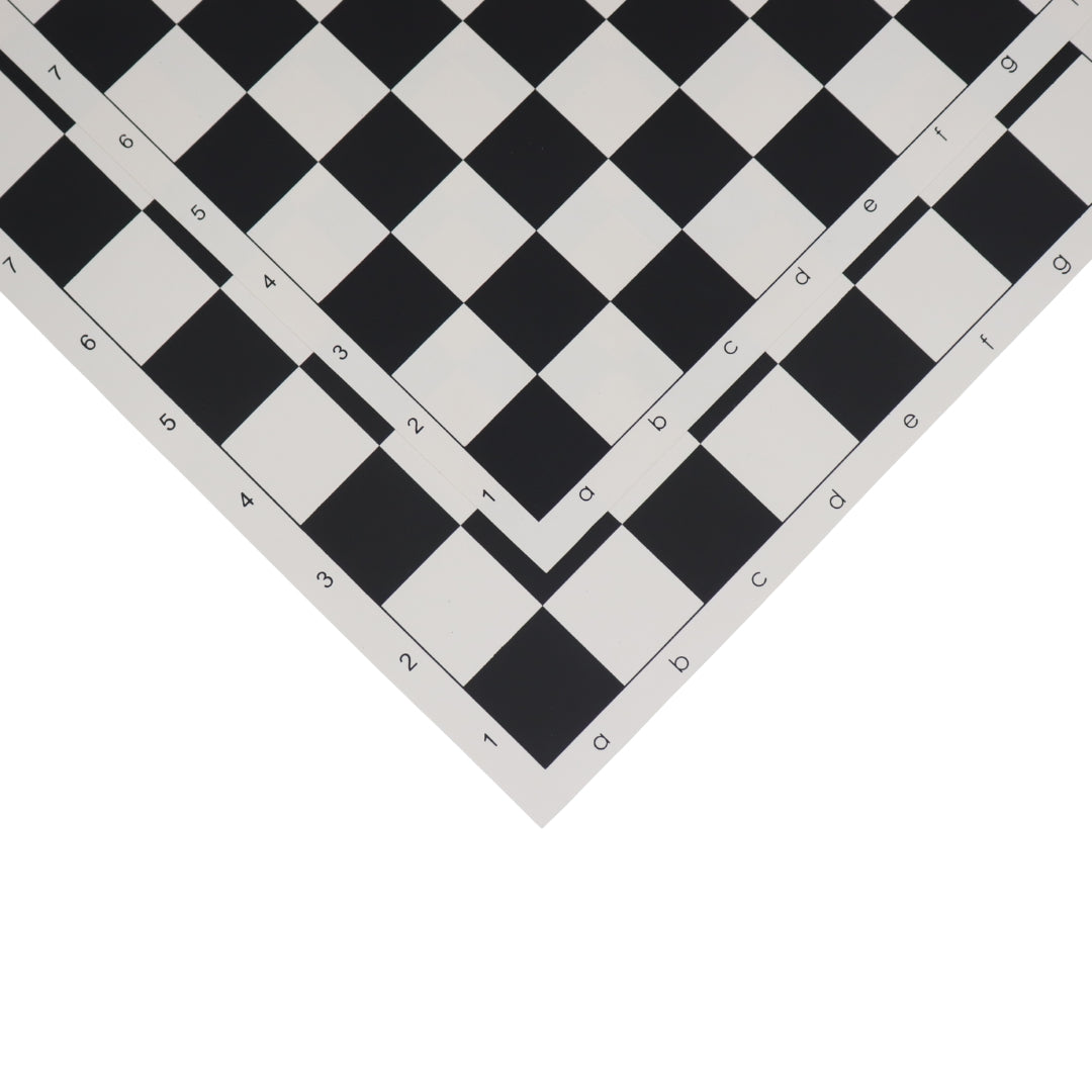 Close-up of a Roll-Up Chess Board with black and pure white squares and algebraic notation comparing two sizes.