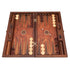 Open walnut backgammon set featuring mother-of-pearl inlay, geometric wood mosaic inlay and integrated disc/checker storage compartments