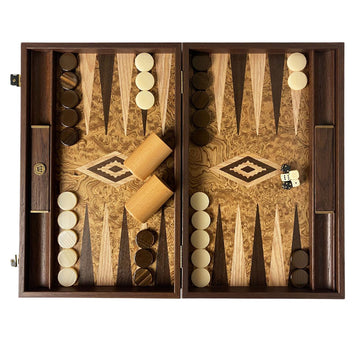 Backgammon | Walnut Burl Inlay | Brown & Oak Points | Handmade | Side Racks | 48 x 30cm | BJJ1