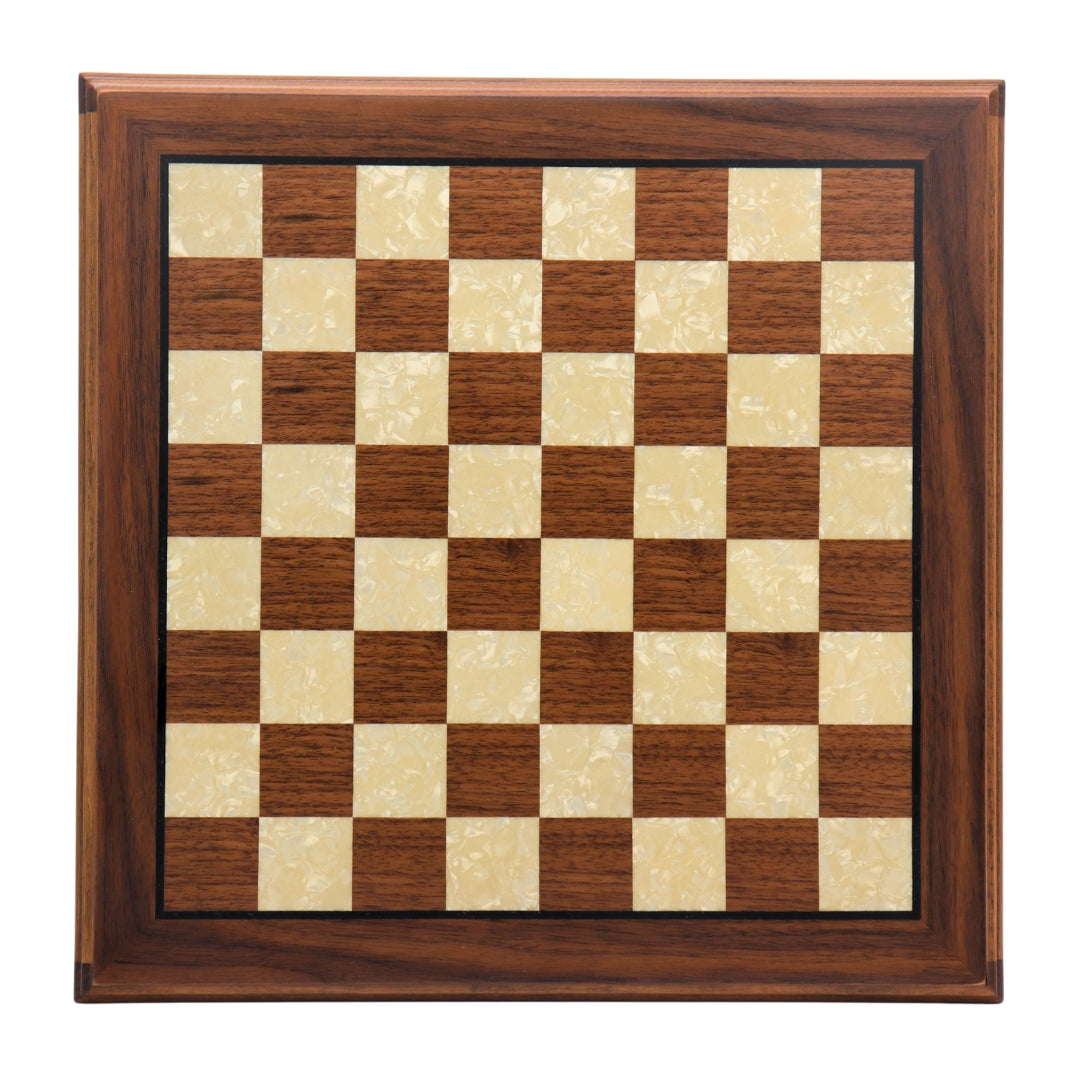 Top view of Walnut chess board with mother of pearl inlay and bevelled edge with 40mm Squares