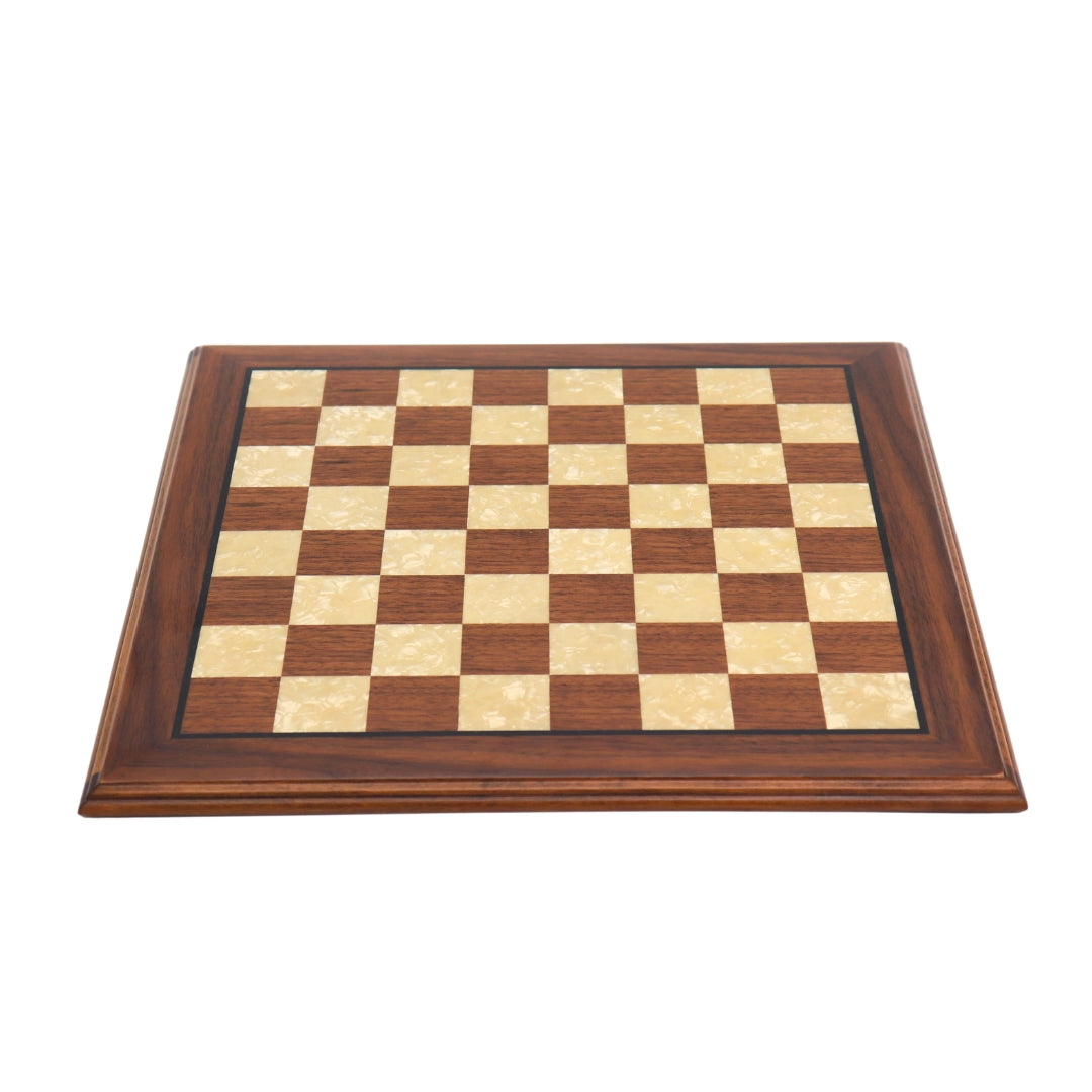 Front angled view of Walnut chess board with mother of pearl inlay and bevelled edge with 40mm Squares