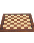 Front angled view of Walnut chess board with mother of pearl inlay and bevelled edge with 40mm Squares