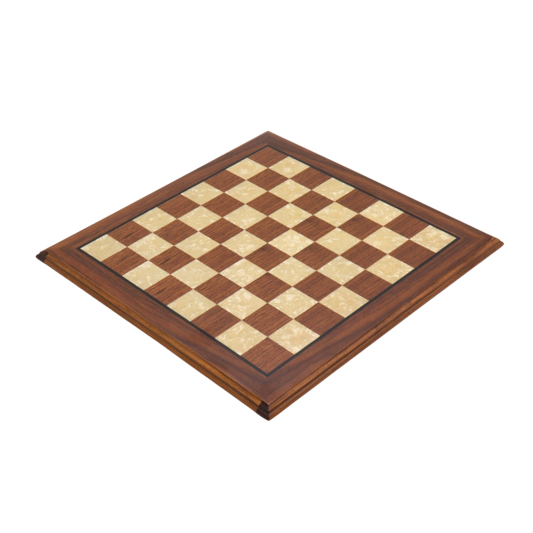 Diagonal view of Walnut chess board with mother of pearl inlay and bevelled edge with 40mm Squares