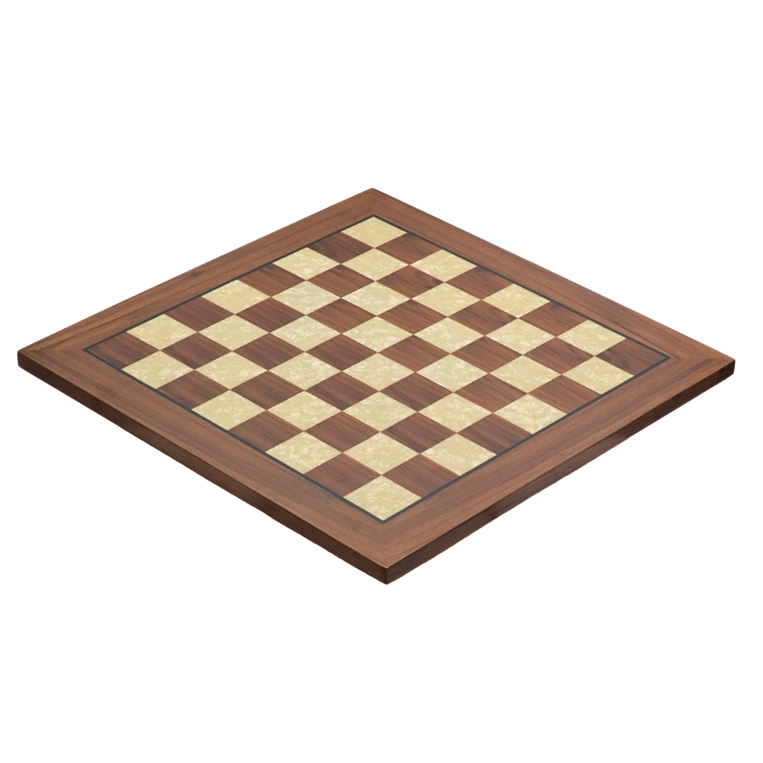 Diagonal view of 50cm walnut square edge chess board handcrafted in Turkey with mother-of-pearl inlay with 50mm squares. 