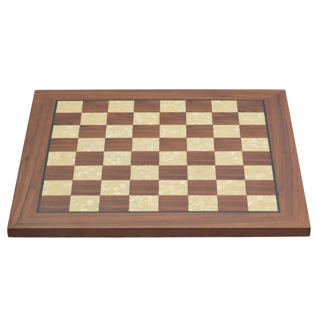 Angled frontal view of 50cm walnut square edge chess board handcrafted in Turkey with mother-of-pearl inlay with 50mm squares. 