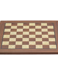 Angled frontal view of 50cm walnut square edge chess board handcrafted in Turkey with mother-of-pearl inlay with 50mm squares. 
