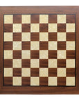 Top view of 50cm walnut square edge chess board handcrafted in Turkey with mother-of-pearl inlay with 50mm squares. 