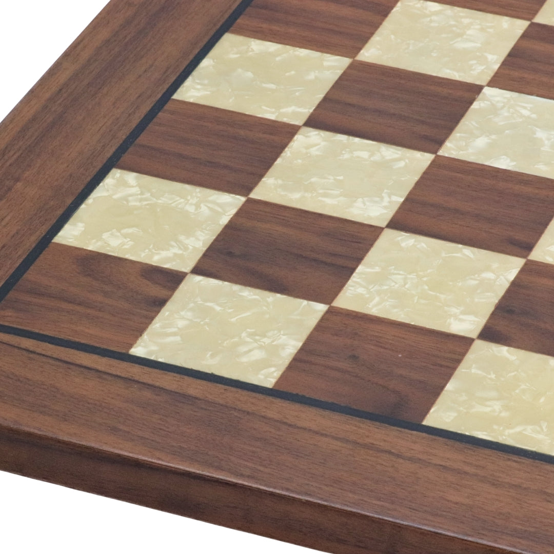 Close up of 50cm walnut square edge chess board handcrafted in Turkey with mother-of-pearl inlay with 50mm squares. 