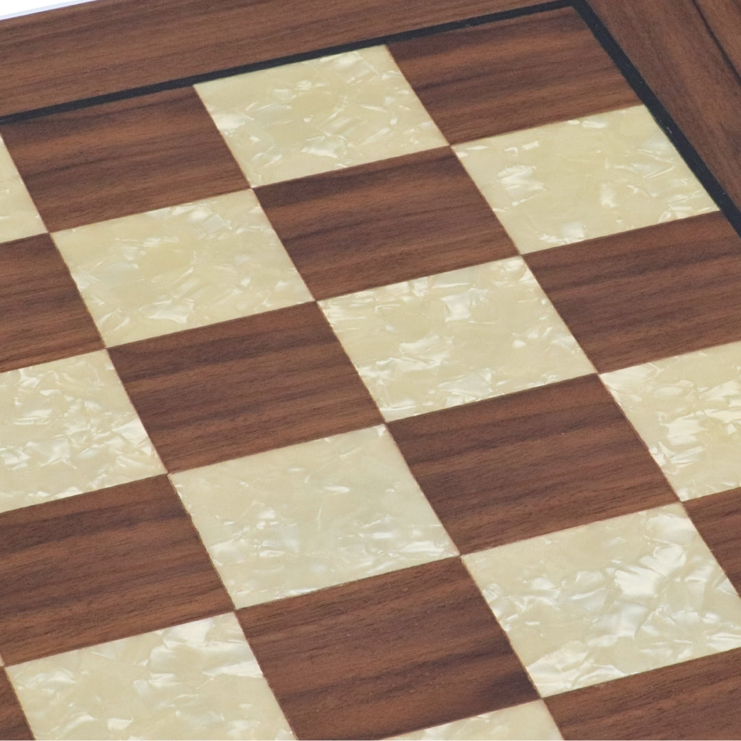 Close up of 50cm walnut square edge chess board handcrafted in Turkey with mother-of-pearl inlay with 50mm squares showing mother-of-pearl squares