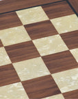 Close up of 50cm walnut square edge chess board handcrafted in Turkey with mother-of-pearl inlay with 50mm squares showing mother-of-pearl squares