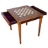 Side top overview of Walnut Chess Table with Drawers featuring Mother of Pearl inlaid design and robust walnut legs, unique craftsmanship showing both drawers open