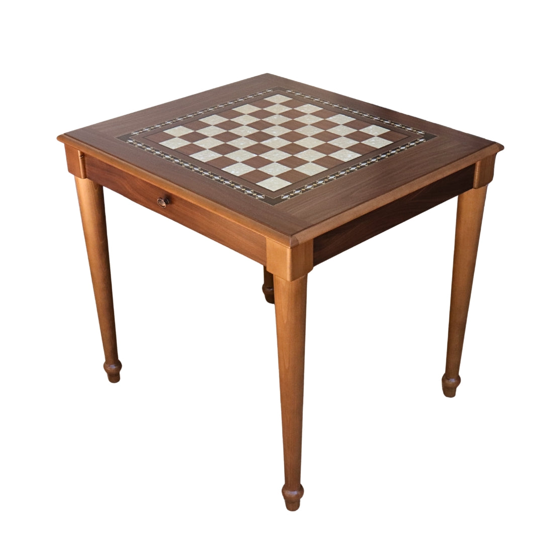 Side top overview of Walnut Chess Table with Drawers featuring Mother of Pearl inlaid design and robust walnut legs, unique craftsmanship showing both drawers closed
