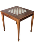 Side top overview of Walnut Chess Table with Drawers featuring Mother of Pearl inlaid design and robust walnut legs, unique craftsmanship showing both drawers closed