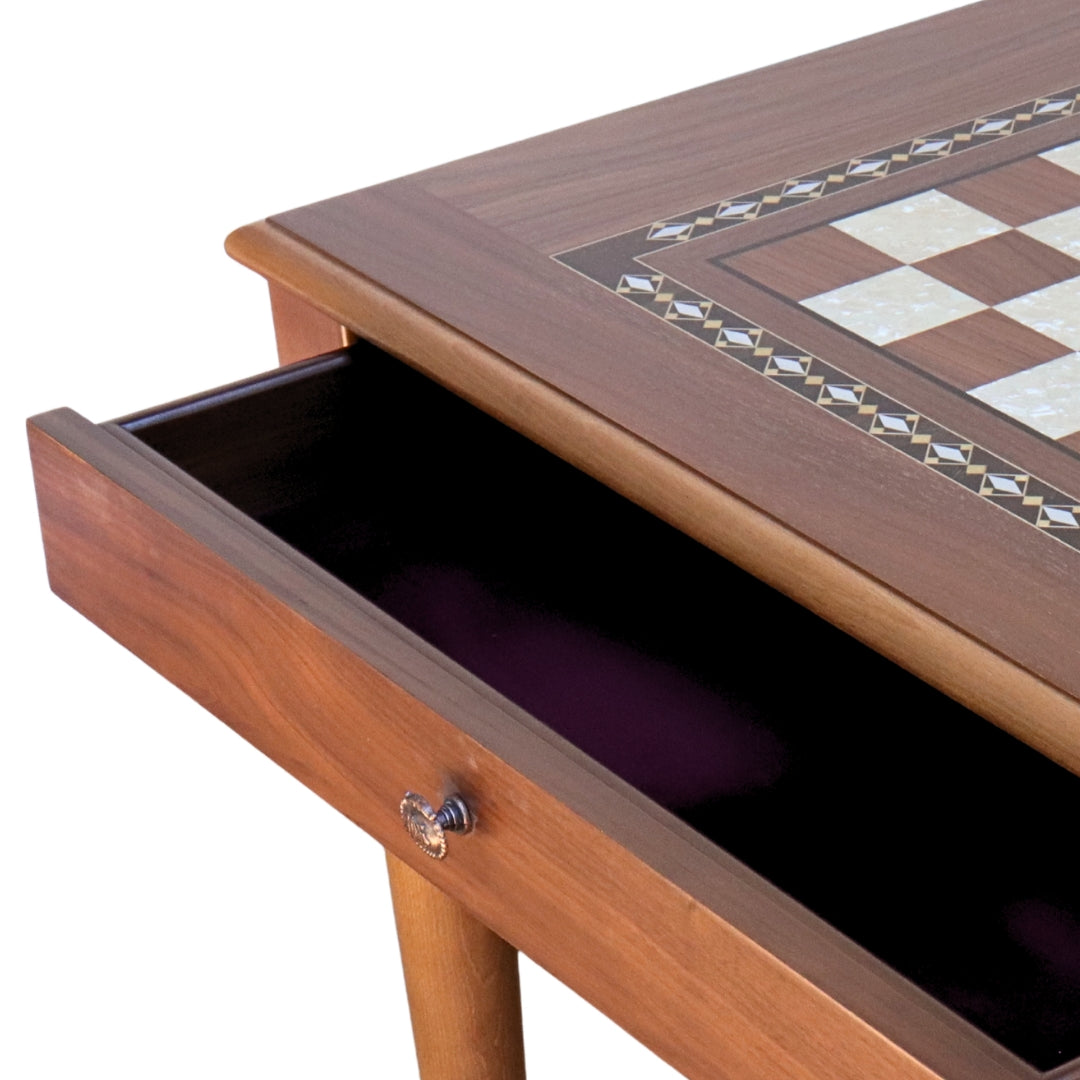 Close-up side top overview of Walnut Chess Table with Drawers featuring Mother of Pearl inlaid design and robust walnut legs, showing one drawer open and chess board playing surface