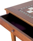 Close-up side top overview of Walnut Chess Table with Drawers featuring Mother of Pearl inlaid design and robust walnut legs, showing one drawer open and chess board playing surface