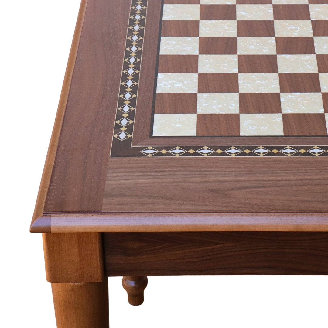 Side view of Walnut Chess Table with Drawers featuring Mother of Pearl inlaid design and robust walnut legs