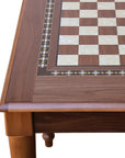 Side view of Walnut Chess Table with Drawers featuring Mother of Pearl inlaid design and robust walnut legs
