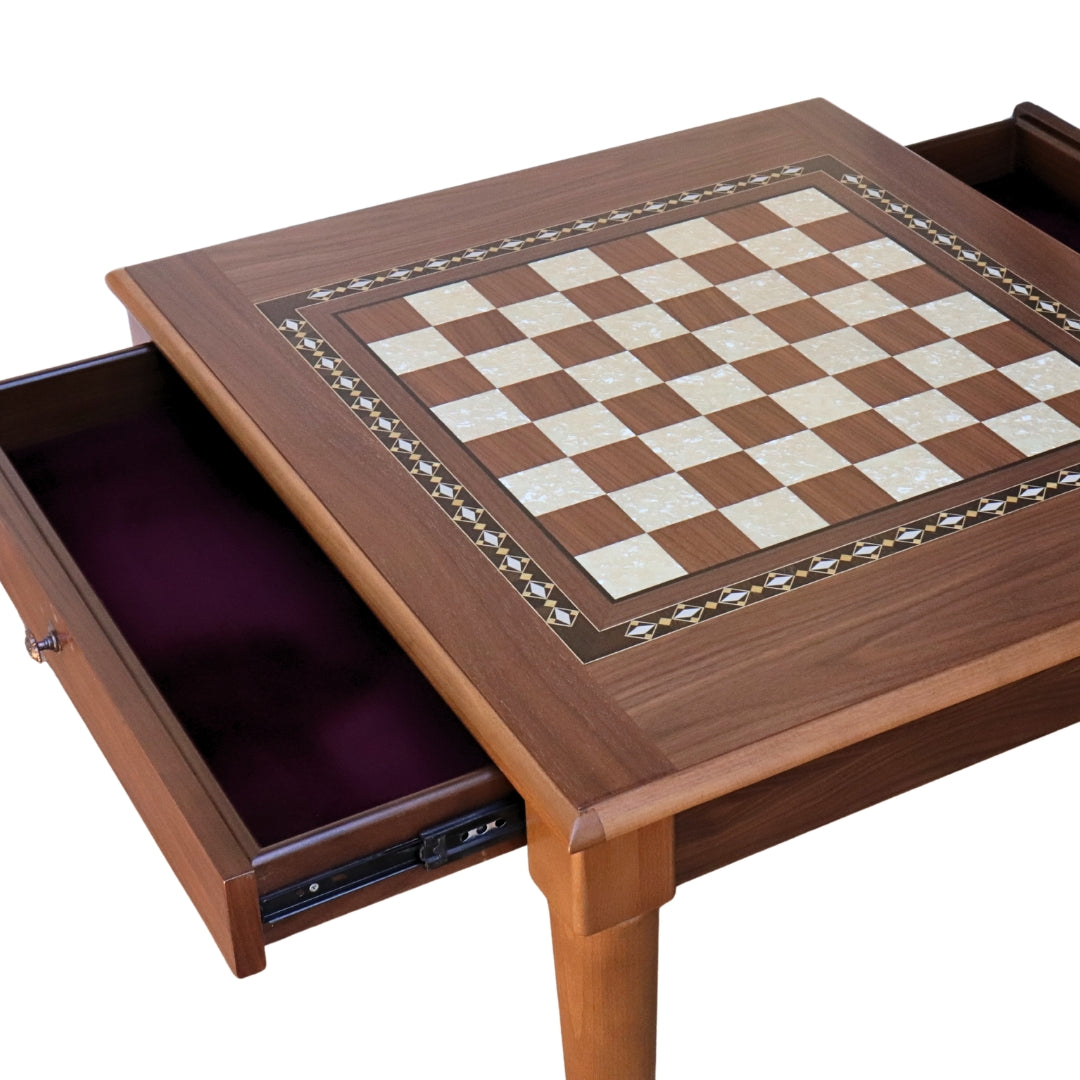 Top overview of Walnut Chess Table with Drawers featuring Mother of Pearl inlaid design and robust walnut legs, showing drawers open and chess board playing surface