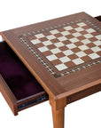 Top overview of Walnut Chess Table with Drawers featuring Mother of Pearl inlaid design and robust walnut legs, showing drawers open and chess board playing surface