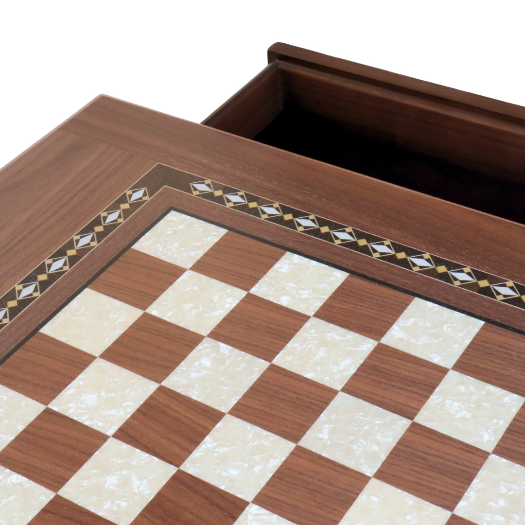 Close-up top view of Walnut Chess Table with Drawers featuring Mother of Pearl inlaid design and robust walnut legs, showing one drawer open and chess board playing surface