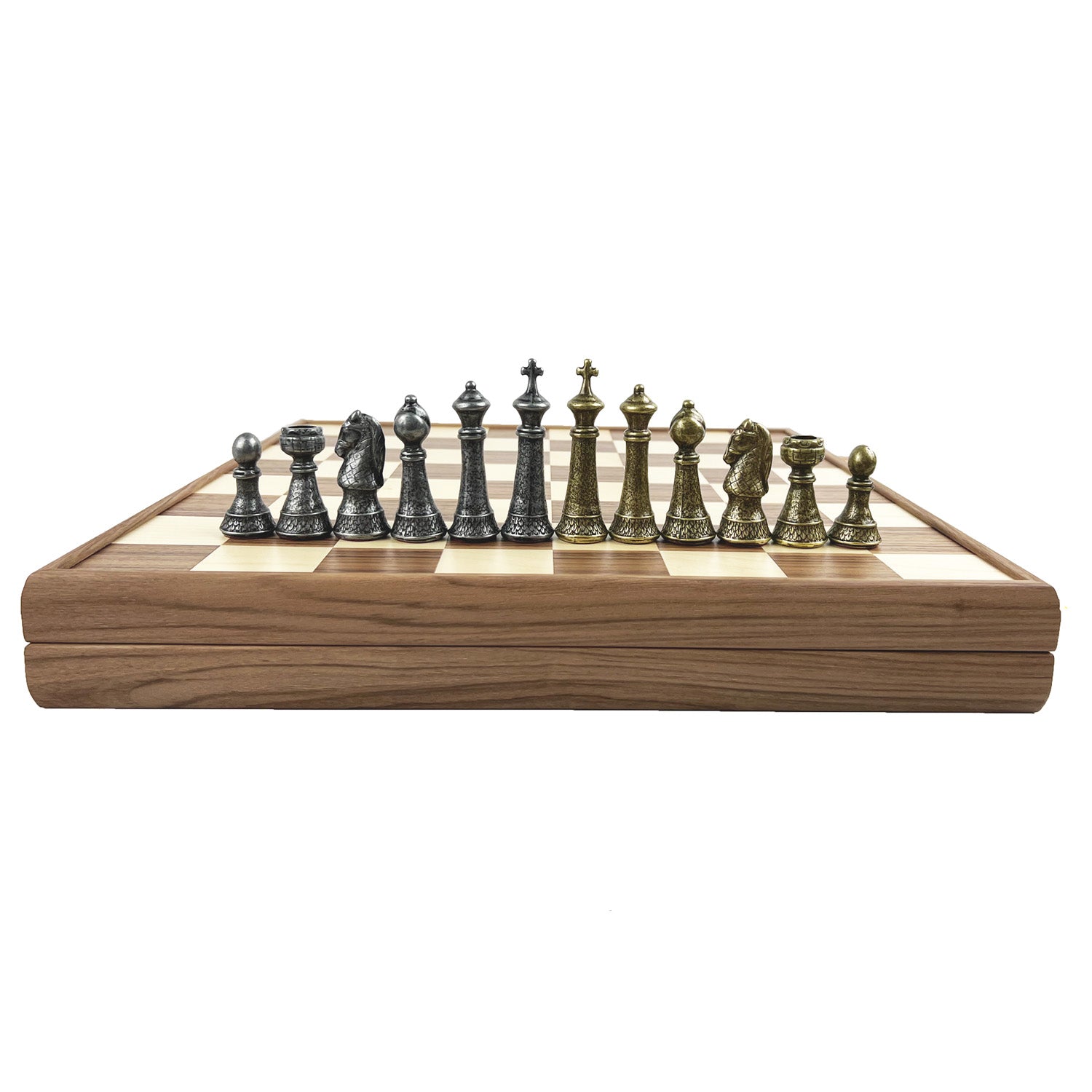 Wooden Chess Set In Box | Walnut | 5cm Squares | Vintage Style Gold &amp; Silver Metal Staunton Pieces | 8.8cm King | SKW33Z50K
