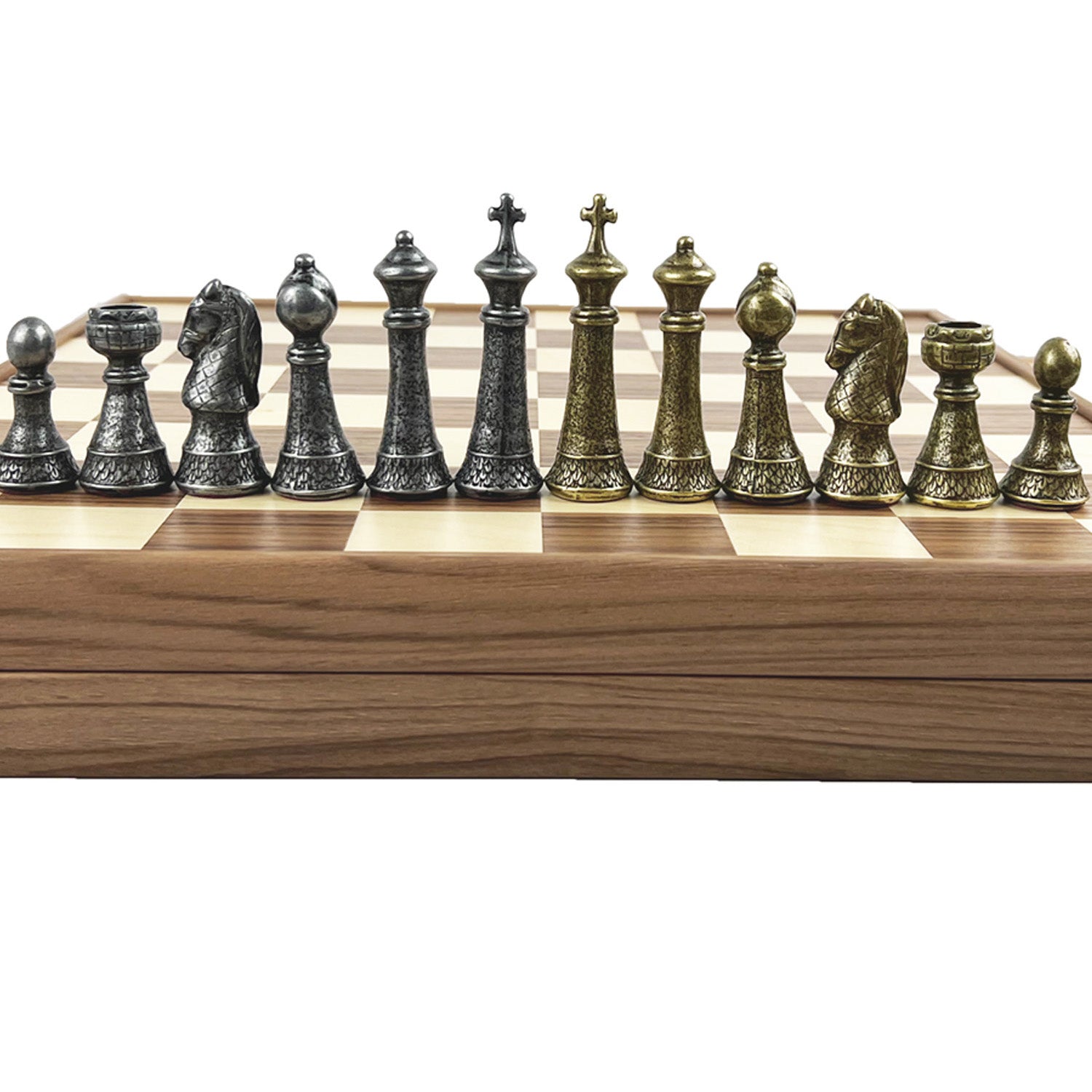 Wooden Chess Set In Box | Walnut | 5cm Squares | Vintage Style Gold &amp; Silver Metal Staunton Pieces | 8.8cm King | SKW33Z50K