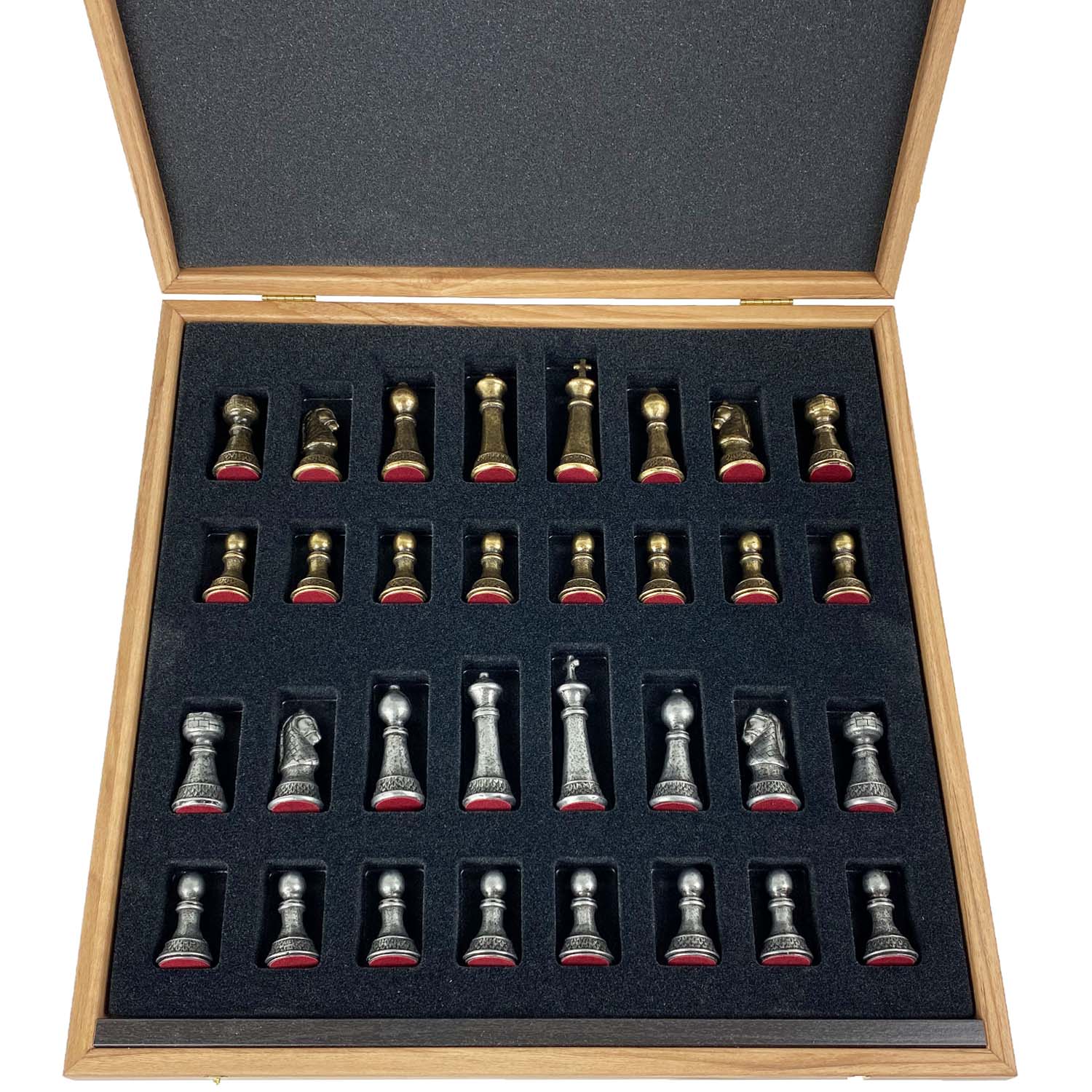 Wooden Chess Set In Box | Walnut | 5cm Squares | Vintage Style Gold &amp; Silver Metal Staunton Pieces | 8.8cm King | SKW33Z50K