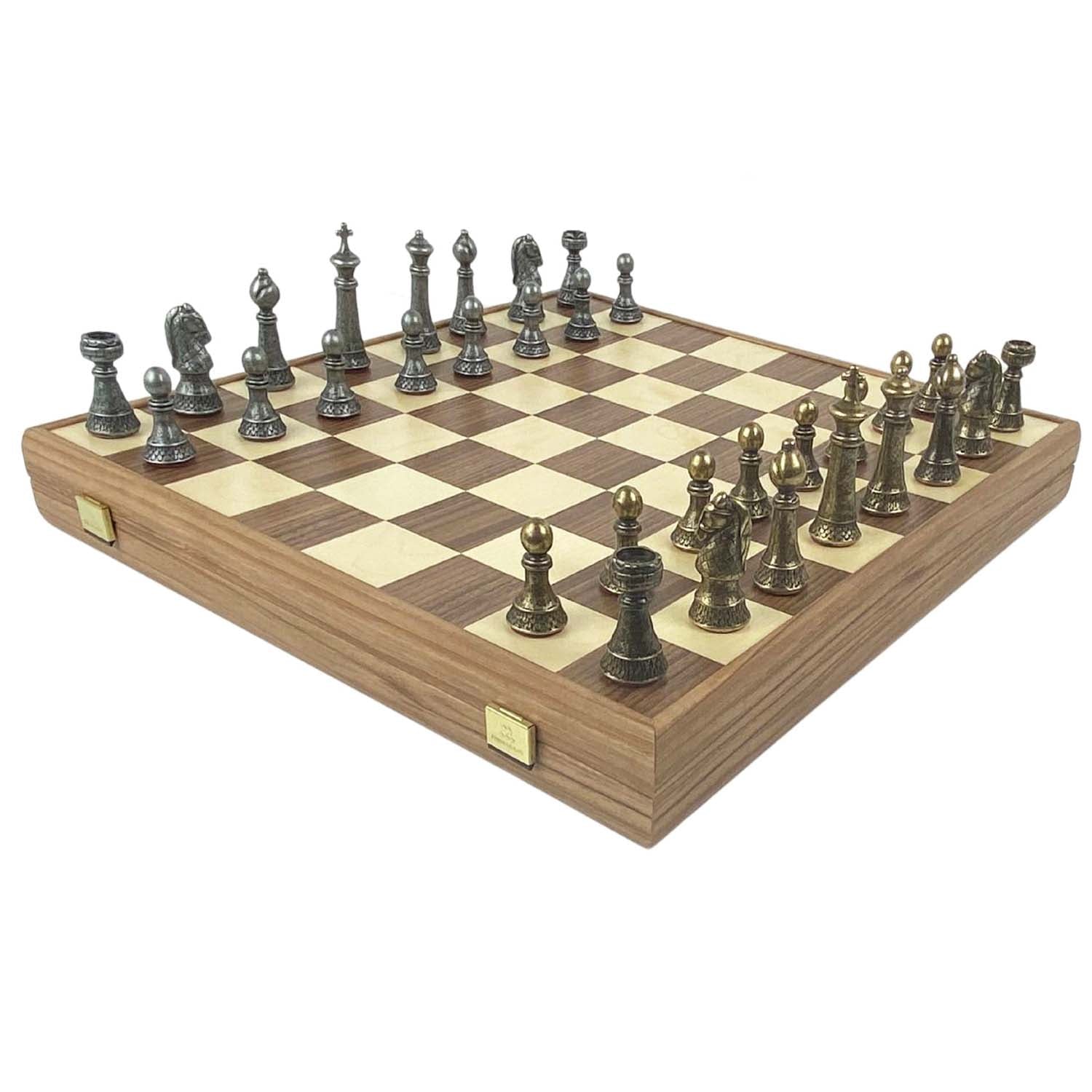 Wooden Chess Set In Box | Walnut | 5cm Squares | Vintage Style Gold &amp; Silver Metal Staunton Pieces | 8.8cm King | SKW33Z50K