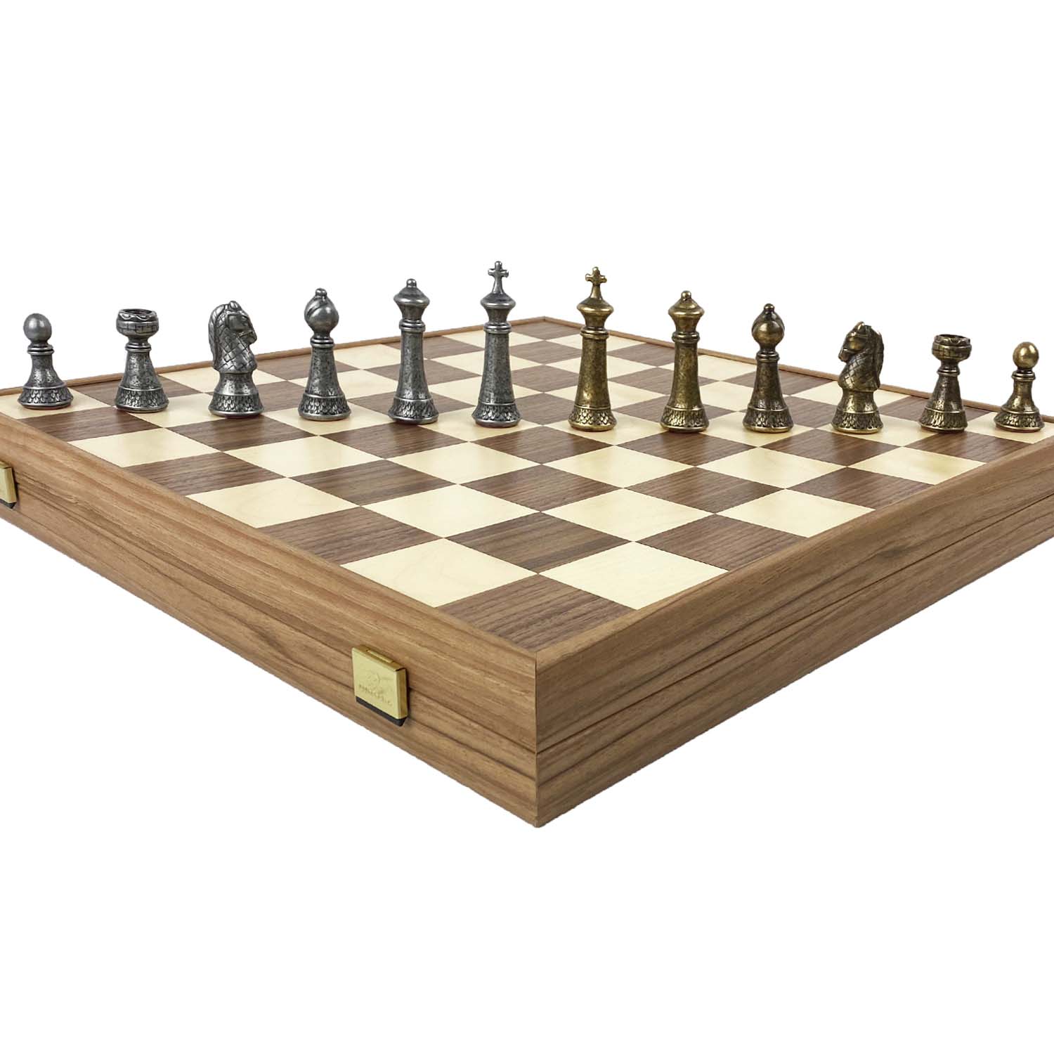 Wooden Chess Set In Box | Walnut | 5cm Squares | Vintage Style Gold &amp; Silver Metal Staunton Pieces | 8.8cm King | SKW33Z50K